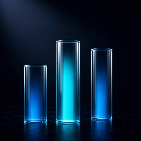 Drei Glas-Säulen mit cyan leuchtendem Kern auf einem leuchtenden Raster