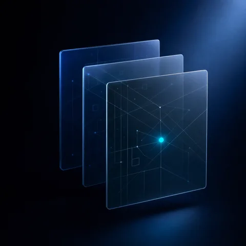 Gestaffelte transluzente Display-Panels mit cyan leuchtendem Punkt vorne